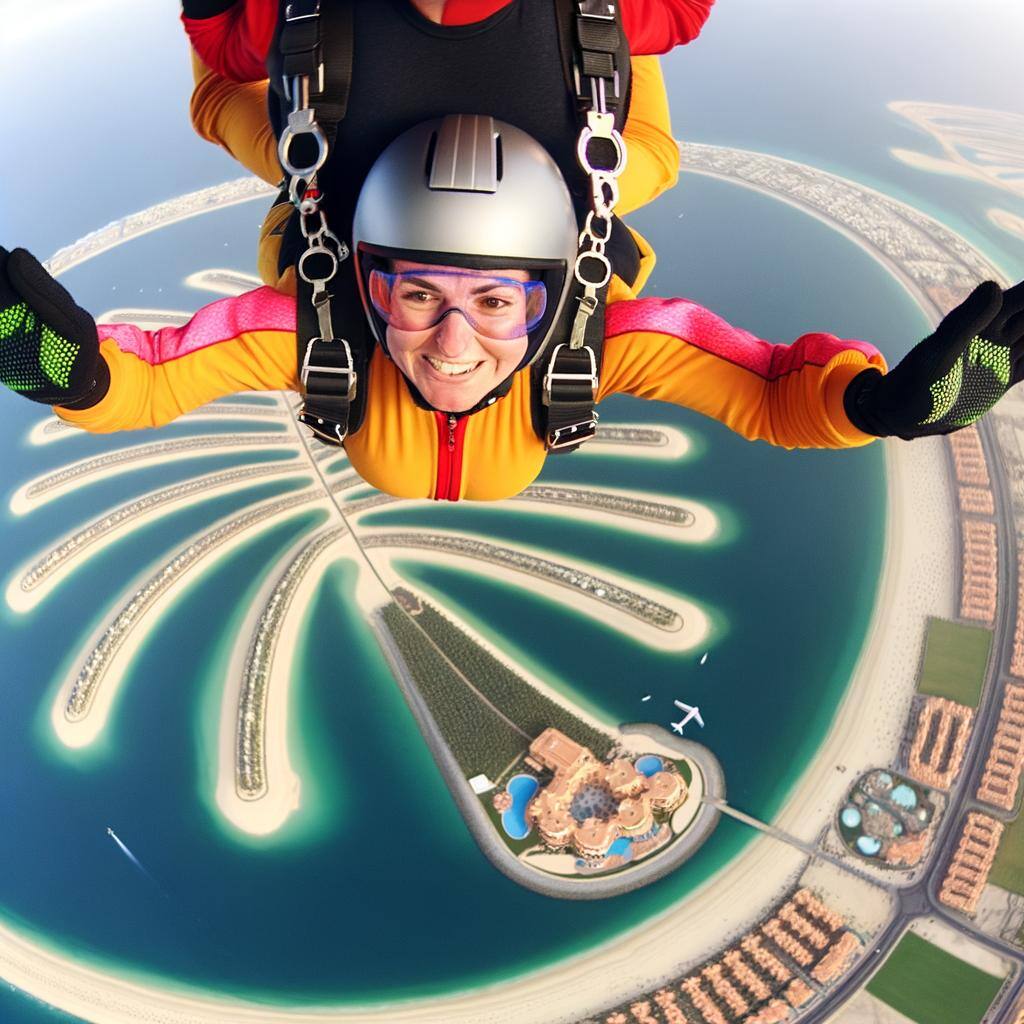 a woman skydiving over pal jumeriah in dubai realstic imge